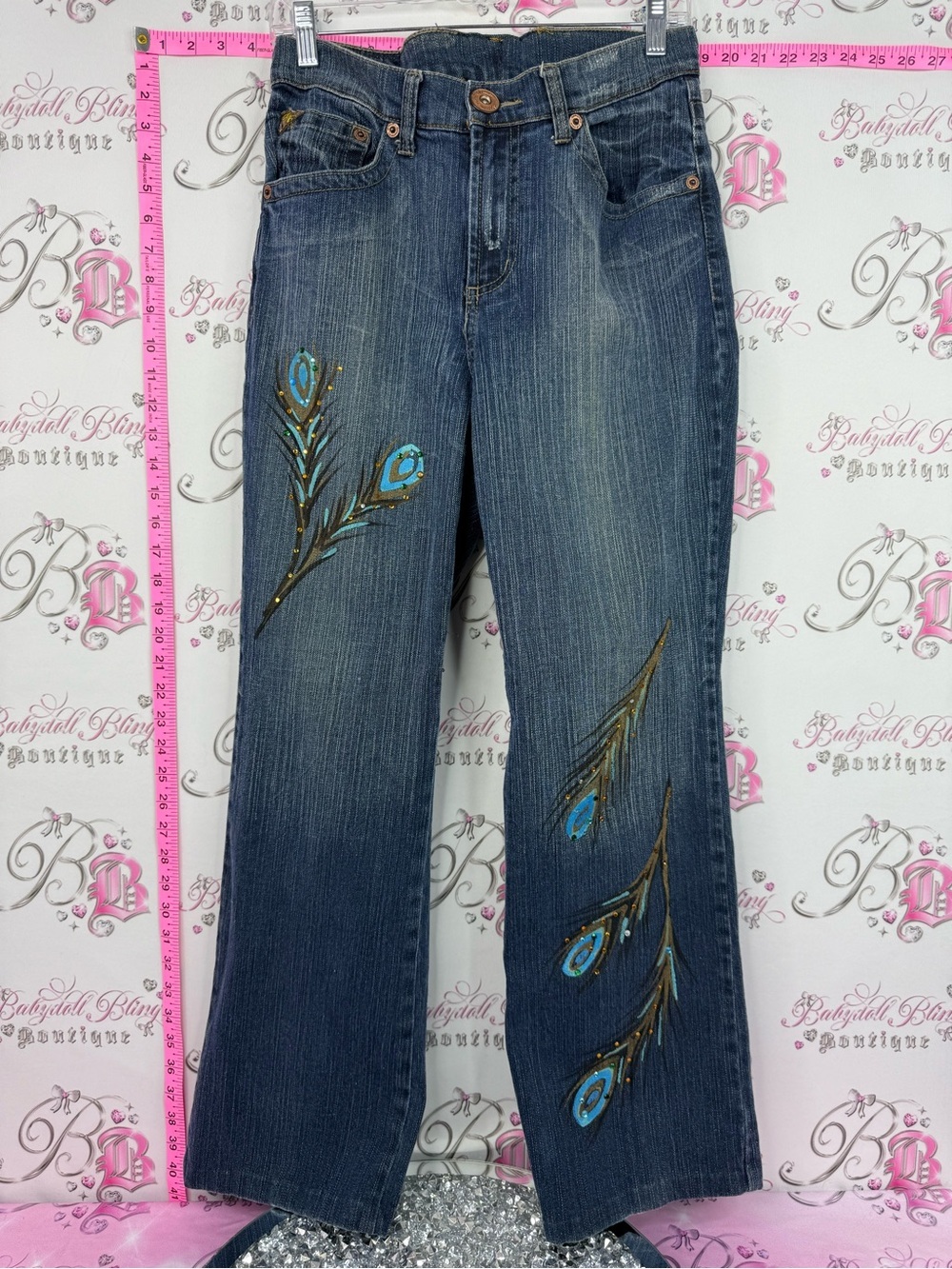 Department of peace Embroidered Peacock Feather Wide-Leg Women Jeans - Blue